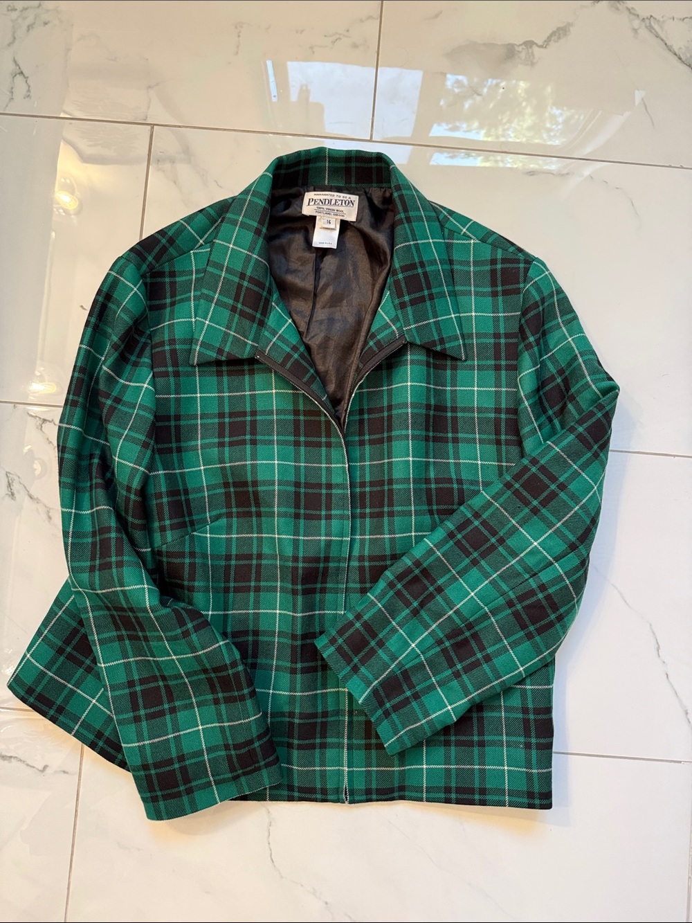 Pendleton Green and Black Plaid Wool Zip Jacket